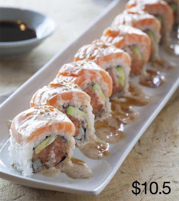 Bentley Roll Orange County Sushi spicy tuna avocado seared salmon sesame dressing sweet sauce