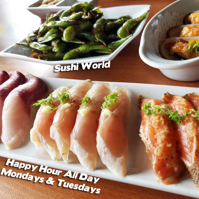 Albacore Peppered Salmon Yellowtail Garlic Edamame Baked Mussels Best Happy Hour Orange County OC Sushi World