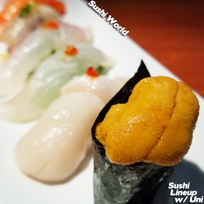 Uni Sushi Lineup Jumbo Scallop Red Snapper Mackerel Salmon Orange County Sushi World OC