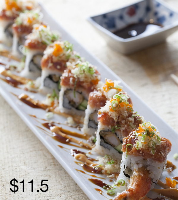 Shrimp Tempura Roll Cucumber Spicy Tuna Masago Green Onions Spicy Mayo