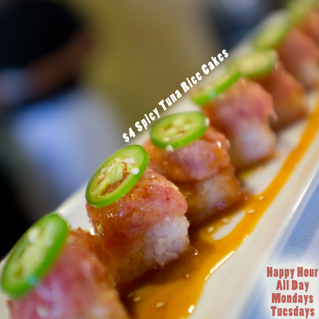 Spicy Tuna Rice Cakes Happy Hour All Day Tuesdays Mondays Cypress Orange County OC Sushi World