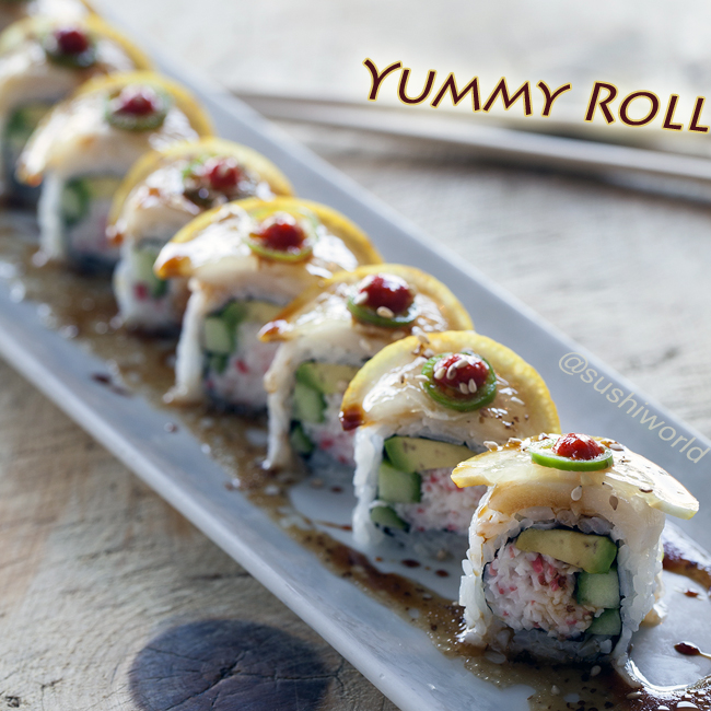 Yummy Roll In Your Tummy California Roll Escolar Lemon Sriracha Serrano Peppers Orange County OC Sushi World