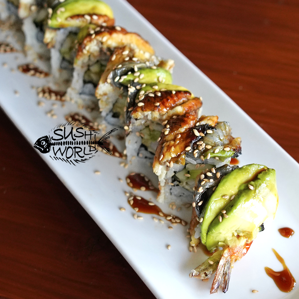 Dragon Roll Shrimp Tempura Unagi Baked Eel Avocado Sushi World Roll Orange County