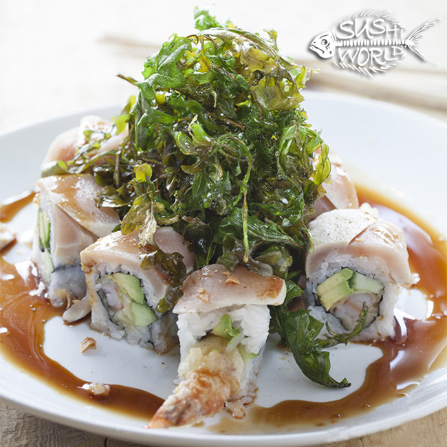 Jungle Fever Roll SHRIMP TEMPURA | CUCUMBER | AVOCADO | ALBACORE | GARLIC CHIPS | FRIED ARUGULA