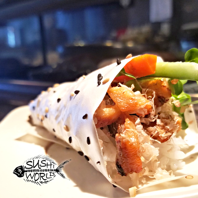 Salmon Skin Hand Roll Sesame Wrapper Paper Happy Hour All Day Orange County OC Sushi World