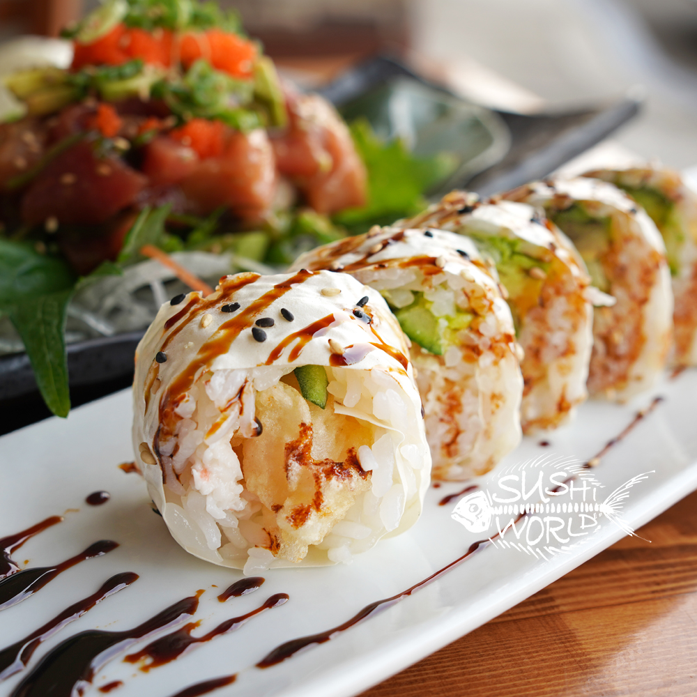 Snowman Roll Shrimp Tempura Snow Crab Avocado Cucumber Soy Paper Sweet Sauce Sushi World Orange County OC Cypress