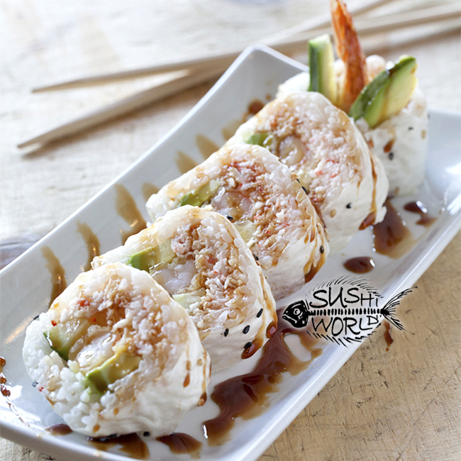 Orange county sushi snowman roll shrimp tempura snow crab avocado cucumber soy paper sweet sauce