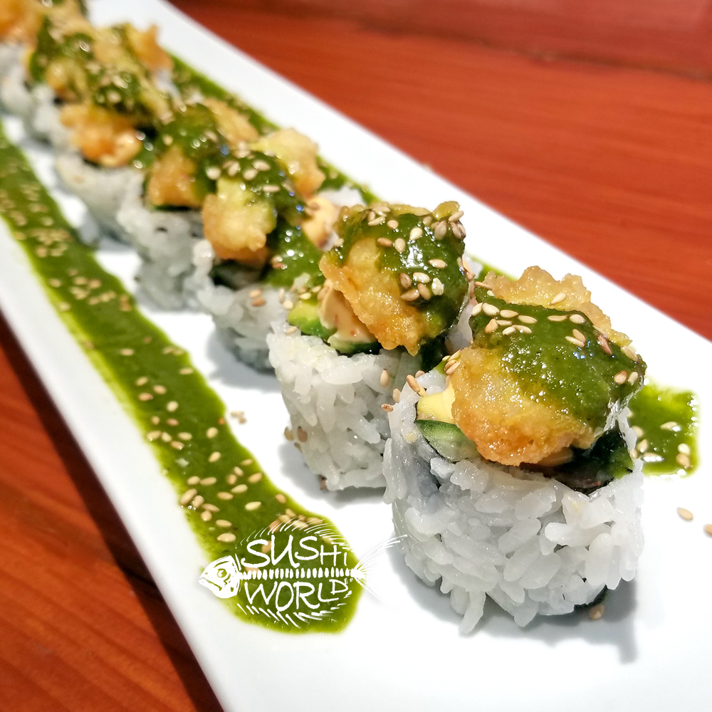 Volcano Roll Spicy Tuna Tempura Rock Shrimp Cucumber Basil Oil Orange County OC Sushi World