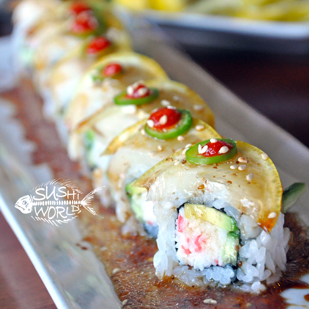 Yummy Roll California Escolar Lemon Slice Serrano Pepper Sriracha Sesame Seeds Sushi World Orange County OC Cypress