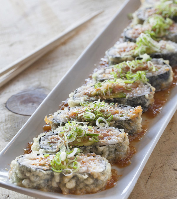 Orange county sushi yamaha roll tempura spicy tuna avocado green onions ponzu