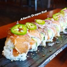 Atlantic Dragon Roll Peppered Salmon Serrano Pepper Ponzu Sauce Orange County OC Sushi World