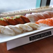 Happy Hour All Day Mondays Tuesdays Sushi World OC Orange County Best Salmon Peppered Escolar Yellowtail
