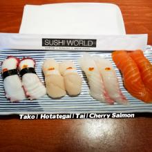 Japanese Tapas Tako Octopus Jumbo Scallops Hotategai Red Snapper Tai Cherry Salmon Sushi World Orange County OC