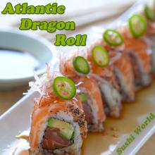 Atlantic Dragon Roll Peppered Salmon Serrano Pepper Ponzu Cypress Orange County OC Sushi World