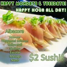 $2 Sushi Albacore Salmon Peppered Salmon Yellowtail Shrimp Escolar Masago Natto Orange County's Best Happy Hour Sushi World OC