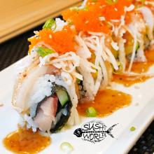 Manhattan Roll Spicy Yellowtail Radish Masago Mustard Soy Dressing Sushi World Orange County Sushi